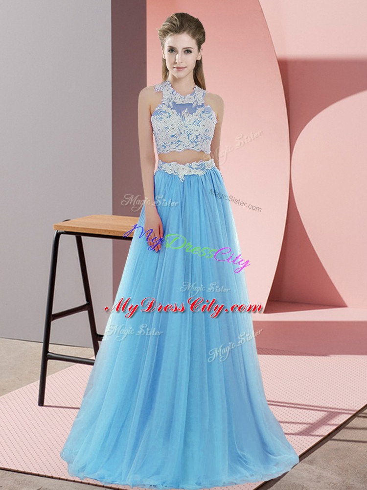 Fancy Floor Length Baby Blue Bridesmaid Dress Tulle Sleeveless Lace