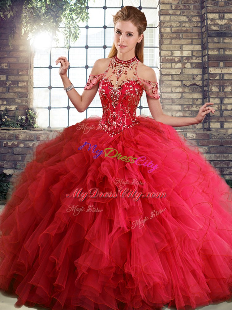 New Arrival Ball Gowns Quinceanera Gown Red Halter Top Tulle Sleeveless Floor Length Lace Up