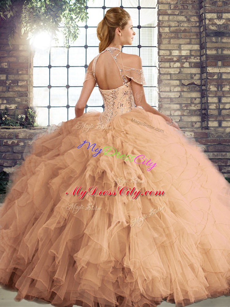 New Arrival Ball Gowns Quinceanera Gown Red Halter Top Tulle Sleeveless Floor Length Lace Up