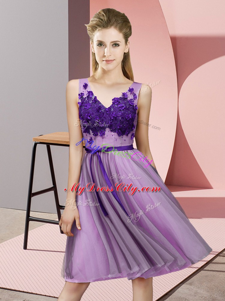 V-neck Sleeveless Lace Up Wedding Guest Dresses Lavender Tulle