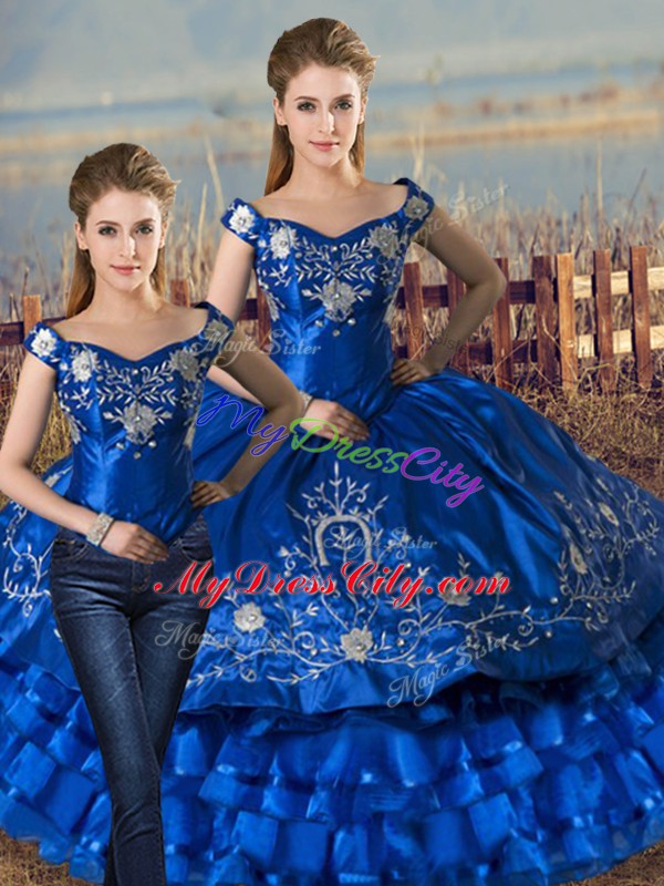 Fancy Royal Blue Sleeveless Satin and Organza Lace Up 15 Quinceanera Dress for Sweet 16 and Quinceanera