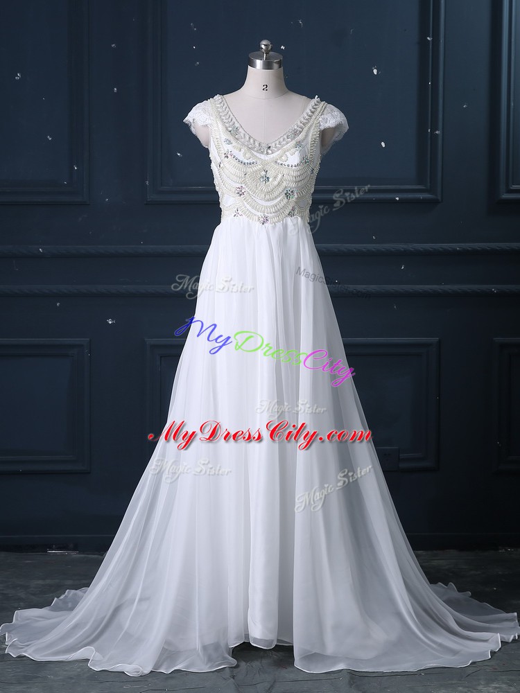 White Cap Sleeves Chiffon Brush Train Zipper Wedding Dress for Wedding Party