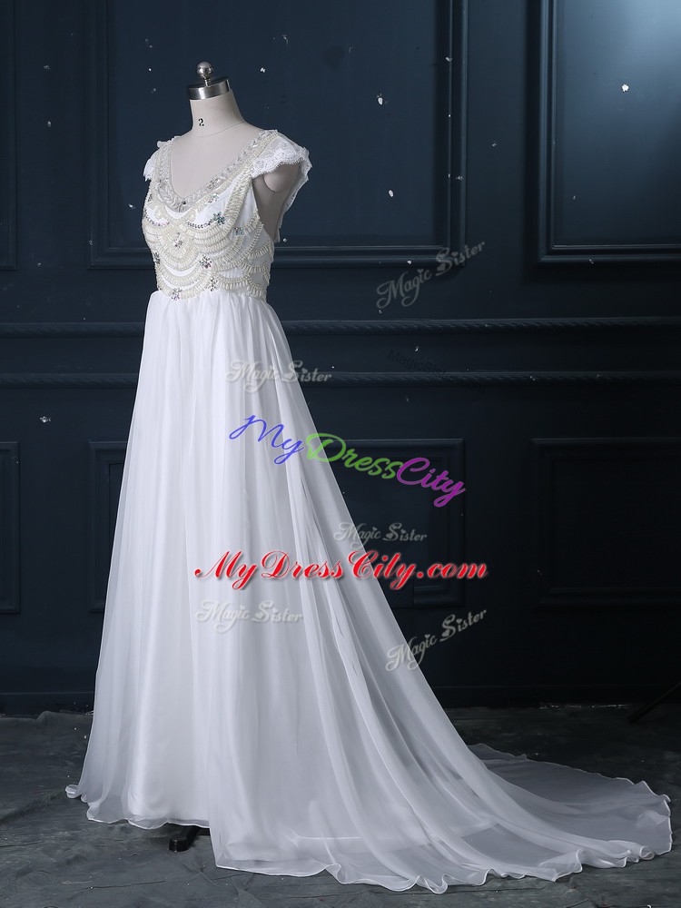 White Cap Sleeves Chiffon Brush Train Zipper Wedding Dress for Wedding Party