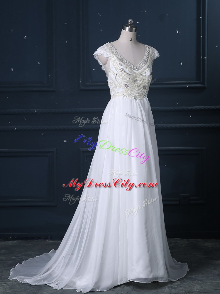 White Cap Sleeves Chiffon Brush Train Zipper Wedding Dress for Wedding Party