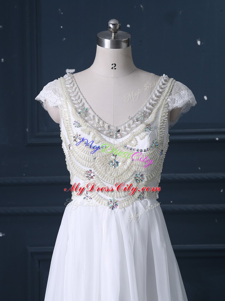 White Cap Sleeves Chiffon Brush Train Zipper Wedding Dress for Wedding Party