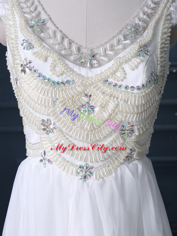 White Cap Sleeves Chiffon Brush Train Zipper Wedding Dress for Wedding Party