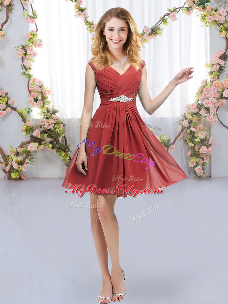 Romantic Red Chiffon Zipper Dama Dress for Quinceanera Sleeveless Mini Length Belt