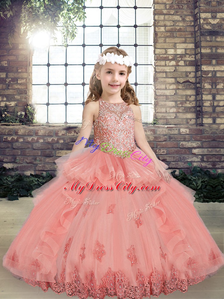 Watermelon Red Ball Gowns Beading and Appliques Pageant Dresses Lace Up Tulle Sleeveless Floor Length