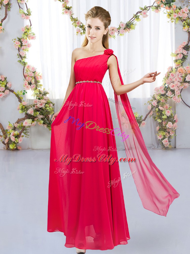 Sweet Red Empire Chiffon One Shoulder Sleeveless Beading and Hand Made Flower Floor Length Lace Up Vestidos de Damas