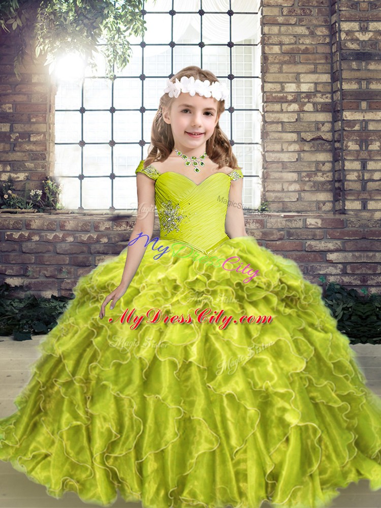 Yellow Green Ball Gowns Organza Straps Sleeveless Beading and Ruffles Floor Length Lace Up Little Girl Pageant Gowns