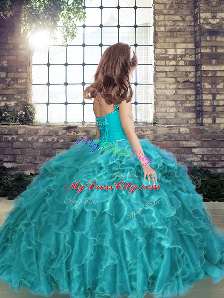 Yellow Green Ball Gowns Organza Straps Sleeveless Beading and Ruffles Floor Length Lace Up Little Girl Pageant Gowns