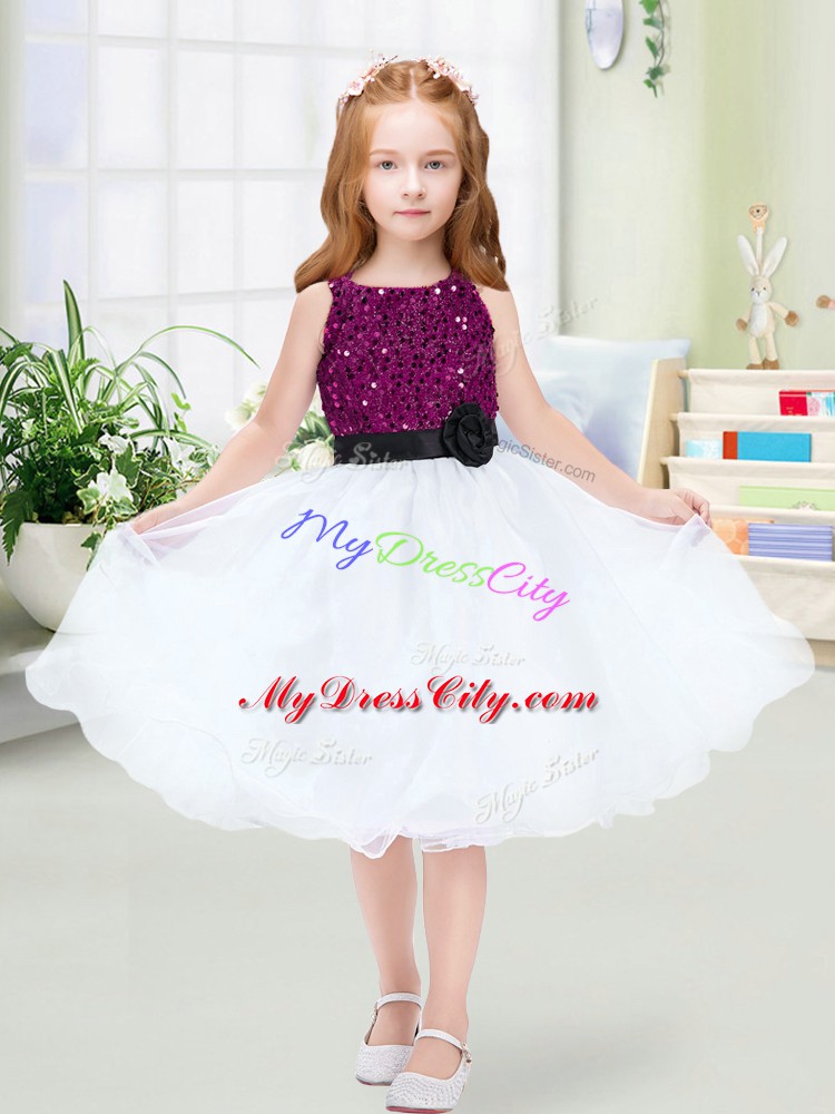 Latest White Zipper Flower Girl Dresses for Less Sequins and Hand Made Flower Sleeveless Knee Length