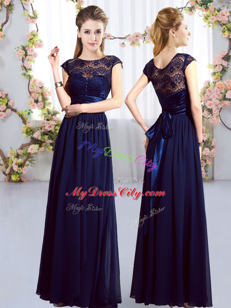 Navy Blue Cap Sleeves Chiffon Zipper Bridesmaid Dress for Wedding Party