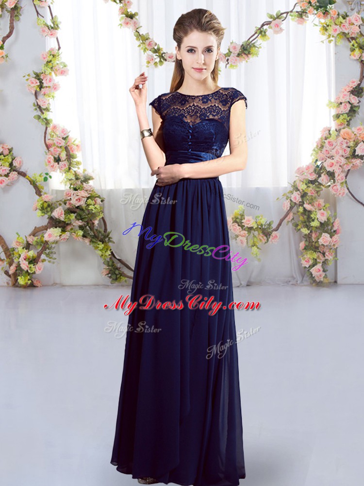 Navy Blue Cap Sleeves Chiffon Zipper Bridesmaid Dress for Wedding Party