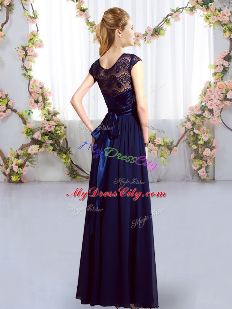 Navy Blue Cap Sleeves Chiffon Zipper Bridesmaid Dress for Wedding Party