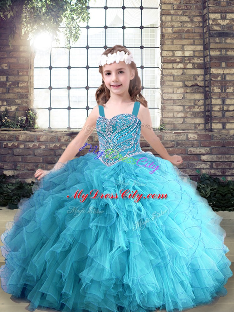 Latest Tulle Sleeveless Floor Length Little Girls Pageant Dress Wholesale and Beading and Ruffles