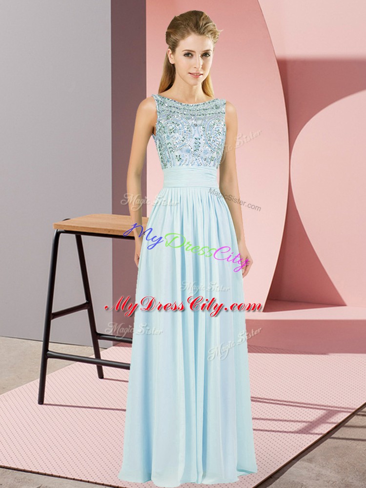 Beading Homecoming Dress Light Blue Backless Sleeveless Floor Length