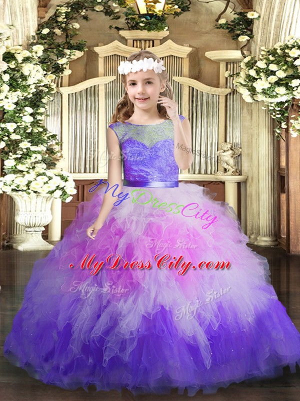 Multi-color Backless V-neck Lace and Ruffles Pageant Dress Toddler Tulle Sleeveless