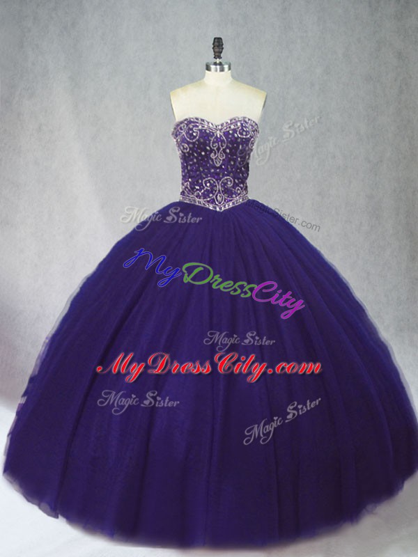 Affordable Purple Lace Up Sweetheart Beading 15 Quinceanera Dress Tulle Sleeveless