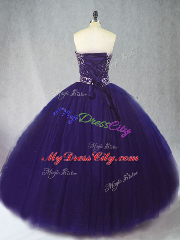 Affordable Purple Lace Up Sweetheart Beading 15 Quinceanera Dress Tulle Sleeveless