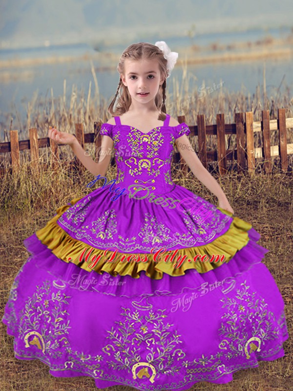 Fancy Off The Shoulder Sleeveless Satin Little Girls Pageant Gowns Beading and Embroidery Lace Up