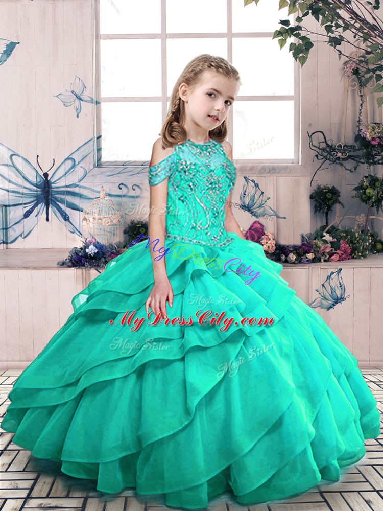 Turquoise Ball Gowns Beading and Ruffled Layers Little Girl Pageant Gowns Lace Up Organza Sleeveless Floor Length