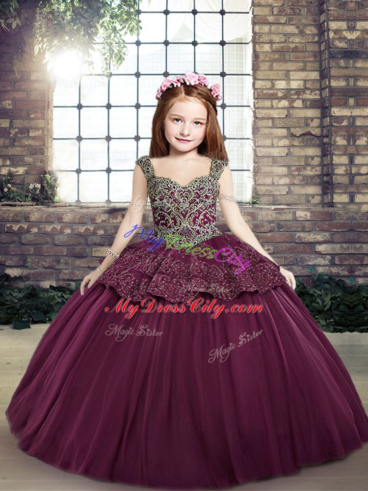 Sleeveless Floor Length Beading and Appliques Lace Up Girls Pageant Dresses with Purple