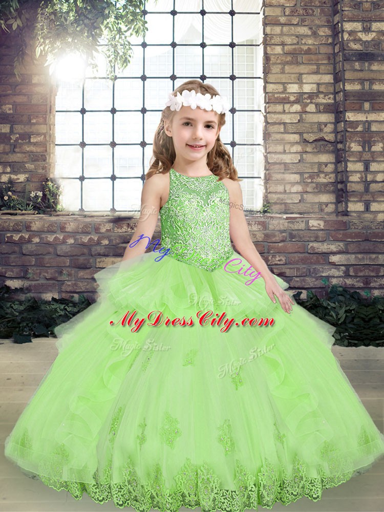 Tulle Scoop Sleeveless Lace Up Lace and Appliques Pageant Gowns For Girls in