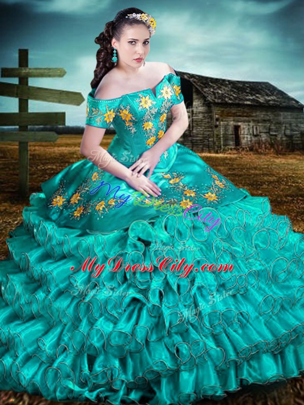 Turquoise Organza Lace Up Sweet 16 Quinceanera Dress Sleeveless Floor Length Embroidery and Ruffles