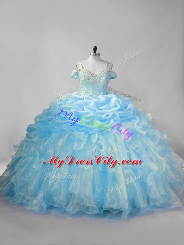 Luxurious Baby Blue Straps Neckline Beading and Ruffles and Pick Ups Quinceanera Dress Sleeveless Lace Up