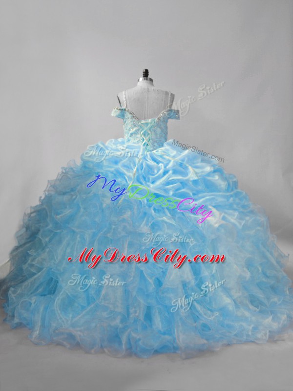 Luxurious Baby Blue Straps Neckline Beading and Ruffles and Pick Ups Quinceanera Dress Sleeveless Lace Up