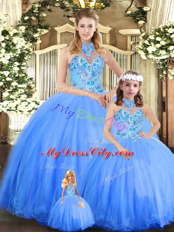 Latest Halter Top Sleeveless Quinceanera Gowns Floor Length Embroidery Blue Tulle