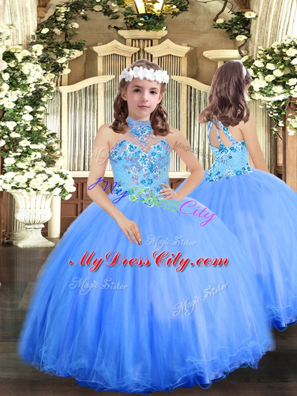 Latest Halter Top Sleeveless Quinceanera Gowns Floor Length Embroidery Blue Tulle