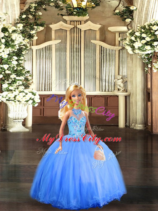 Latest Halter Top Sleeveless Quinceanera Gowns Floor Length Embroidery Blue Tulle