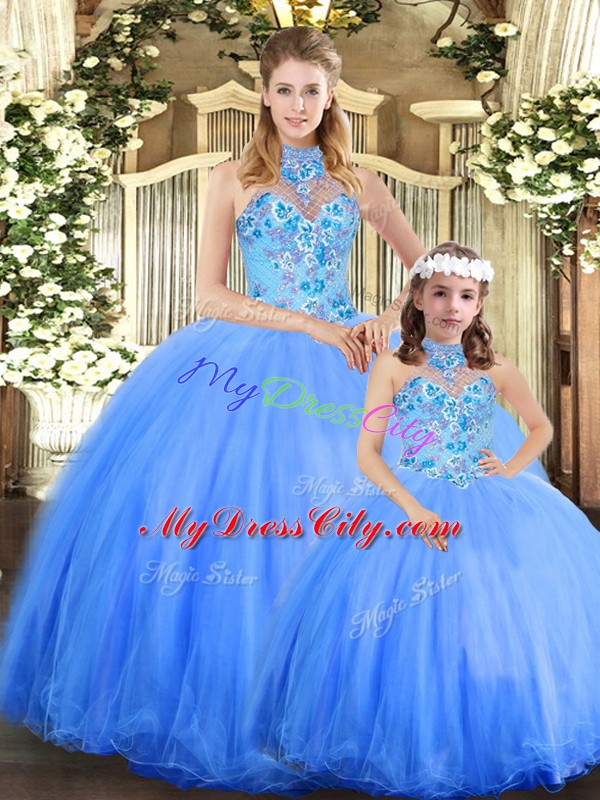 Latest Halter Top Sleeveless Quinceanera Gowns Floor Length Embroidery Blue Tulle