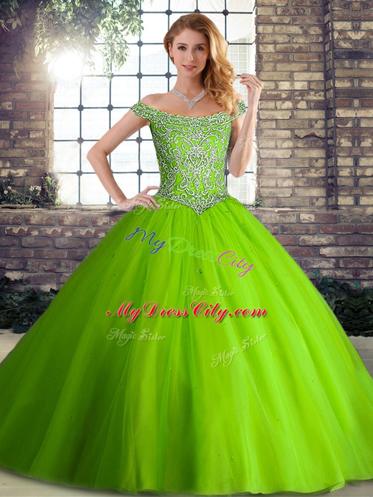 Tulle Off The Shoulder Sleeveless Brush Train Lace Up Beading 15th Birthday Dress in