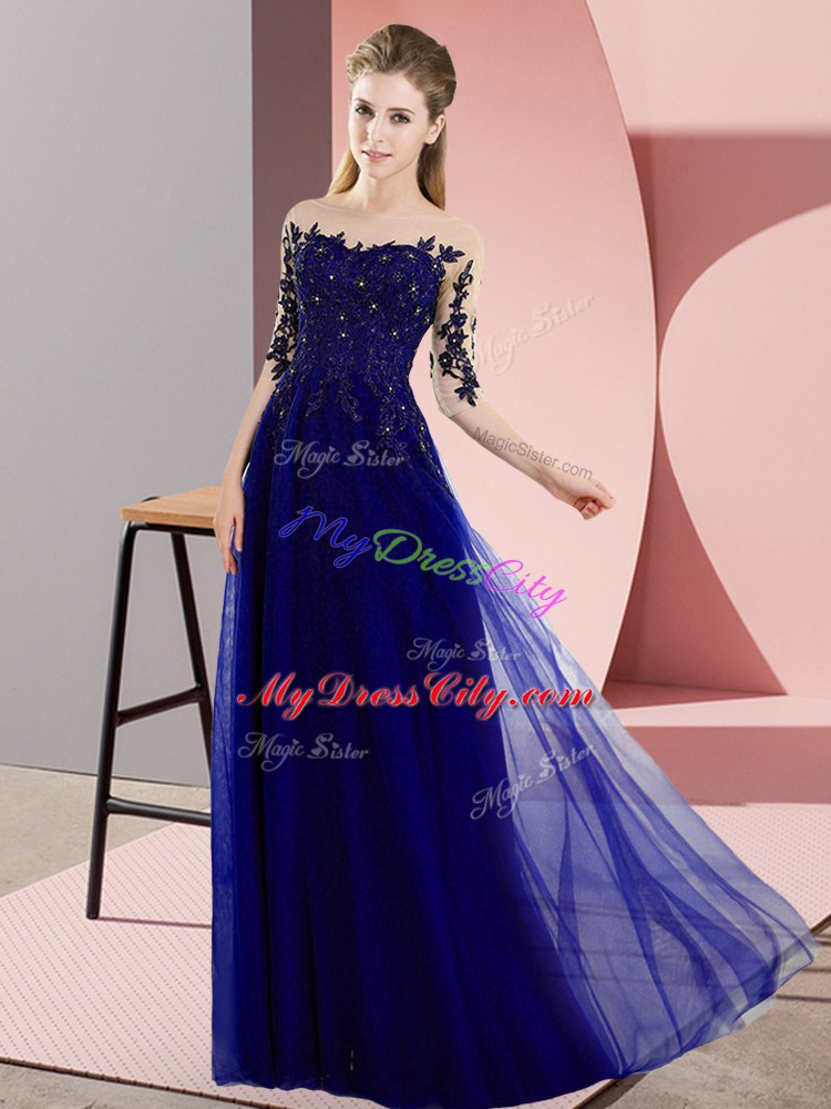 Flirting Chiffon Bateau Half Sleeves Lace Up Beading and Lace Damas Dress in Blue