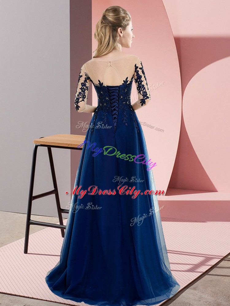 Flirting Chiffon Bateau Half Sleeves Lace Up Beading and Lace Damas Dress in Blue