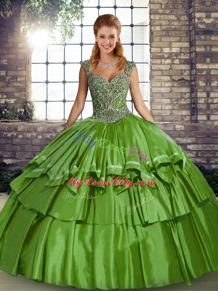 Discount Green Ball Gowns Taffeta Straps Sleeveless Beading and Ruffled Layers Floor Length Lace Up Quinceanera Dress