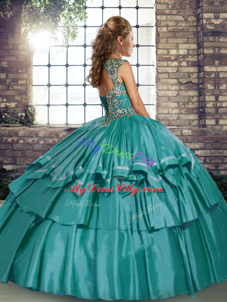 Discount Green Ball Gowns Taffeta Straps Sleeveless Beading and Ruffled Layers Floor Length Lace Up Quinceanera Dress