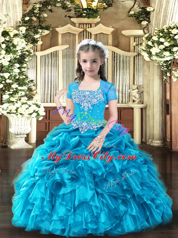 Trendy Sleeveless Organza Floor Length Lace Up Little Girls Pageant Gowns in Baby Blue with Beading and Ruffles