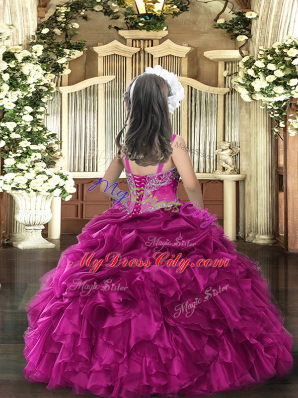 Trendy Sleeveless Organza Floor Length Lace Up Little Girls Pageant Gowns in Baby Blue with Beading and Ruffles