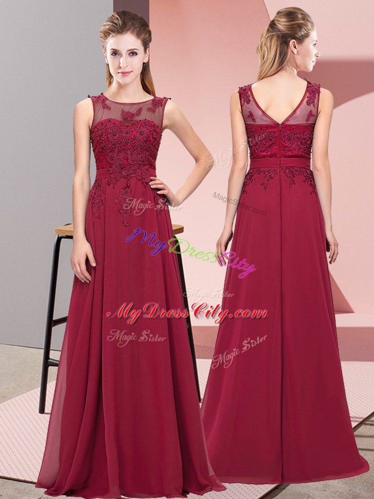 Burgundy Empire Beading and Appliques Quinceanera Court Dresses Zipper Chiffon Sleeveless Floor Length