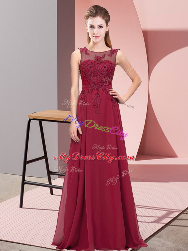 Burgundy Empire Beading and Appliques Quinceanera Court Dresses Zipper Chiffon Sleeveless Floor Length