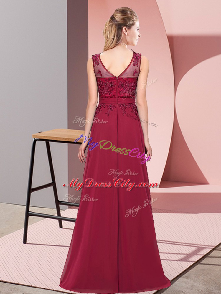 Burgundy Empire Beading and Appliques Quinceanera Court Dresses Zipper Chiffon Sleeveless Floor Length