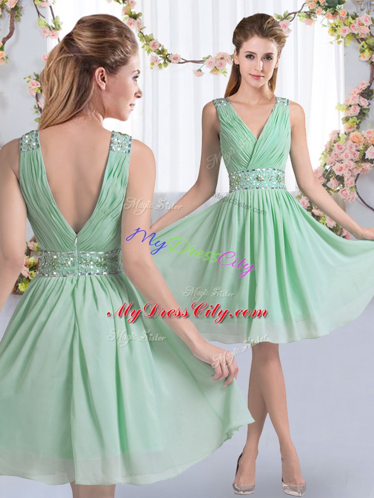 Sleeveless Chiffon Knee Length Zipper Quinceanera Dama Dress in Apple Green with Beading