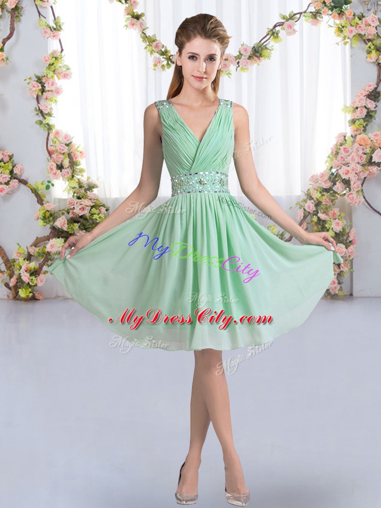 Sleeveless Chiffon Knee Length Zipper Quinceanera Dama Dress in Apple Green with Beading