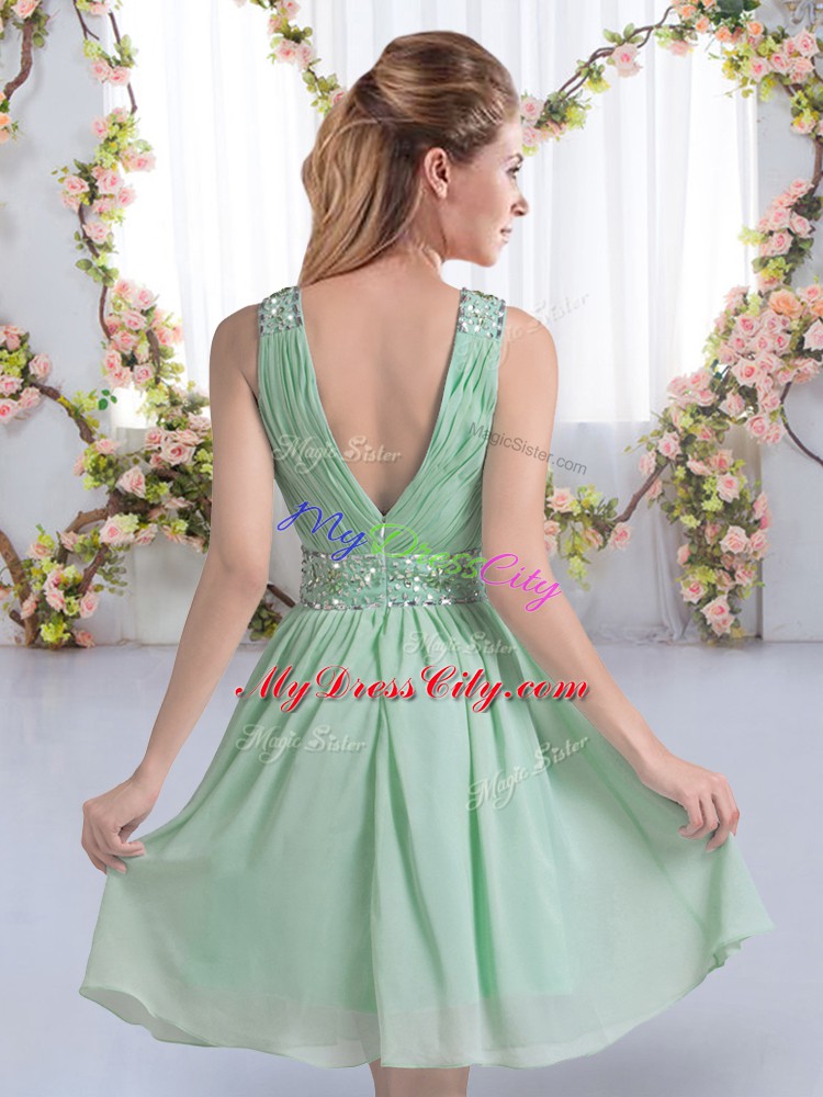 Sleeveless Chiffon Knee Length Zipper Quinceanera Dama Dress in Apple Green with Beading