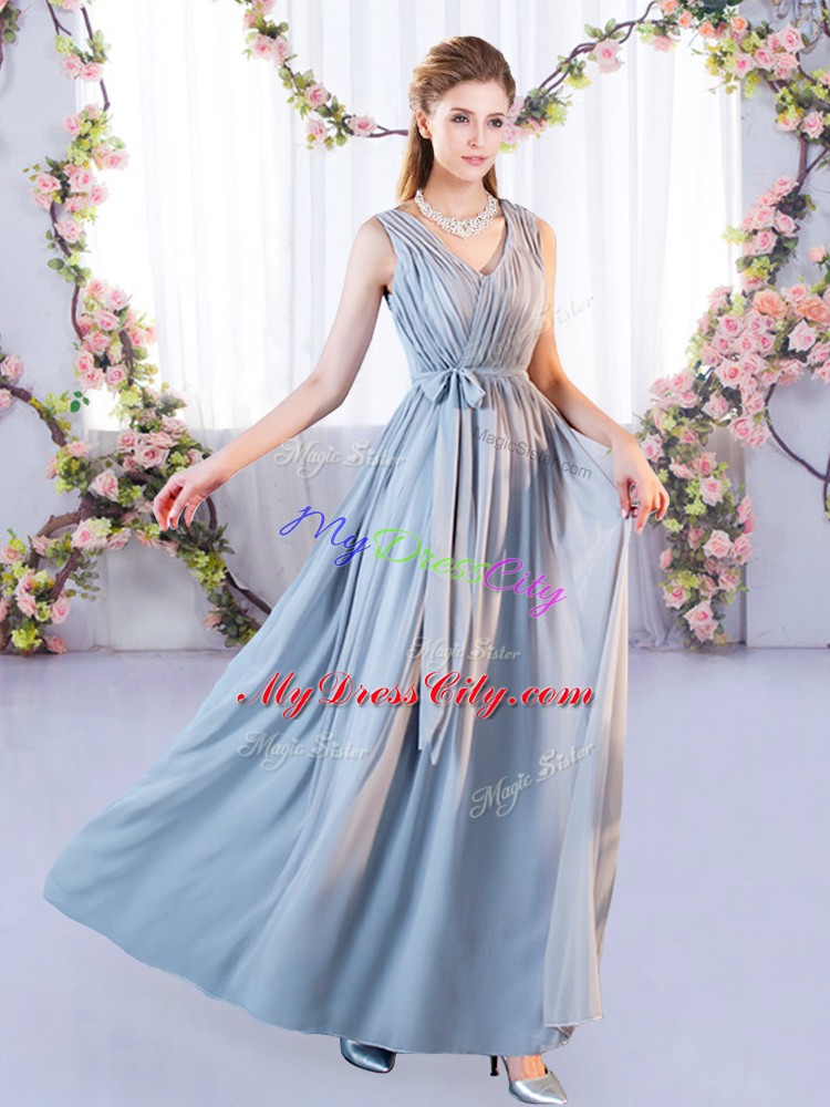 New Style Floor Length Grey Wedding Party Dress Chiffon Sleeveless Belt