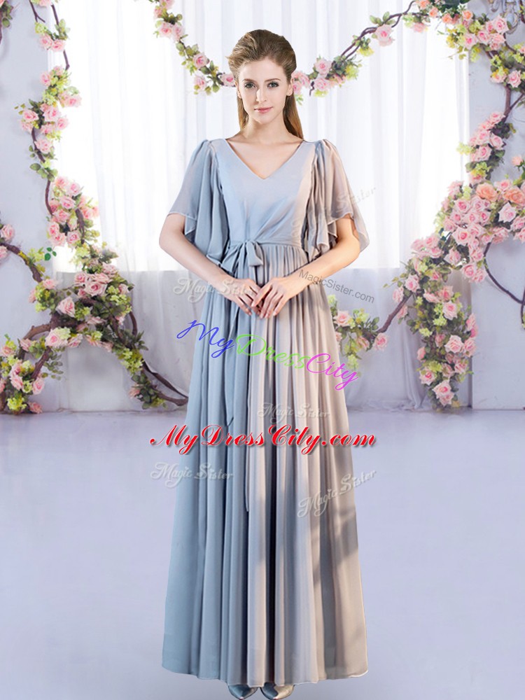 New Style Floor Length Grey Wedding Party Dress Chiffon Sleeveless Belt